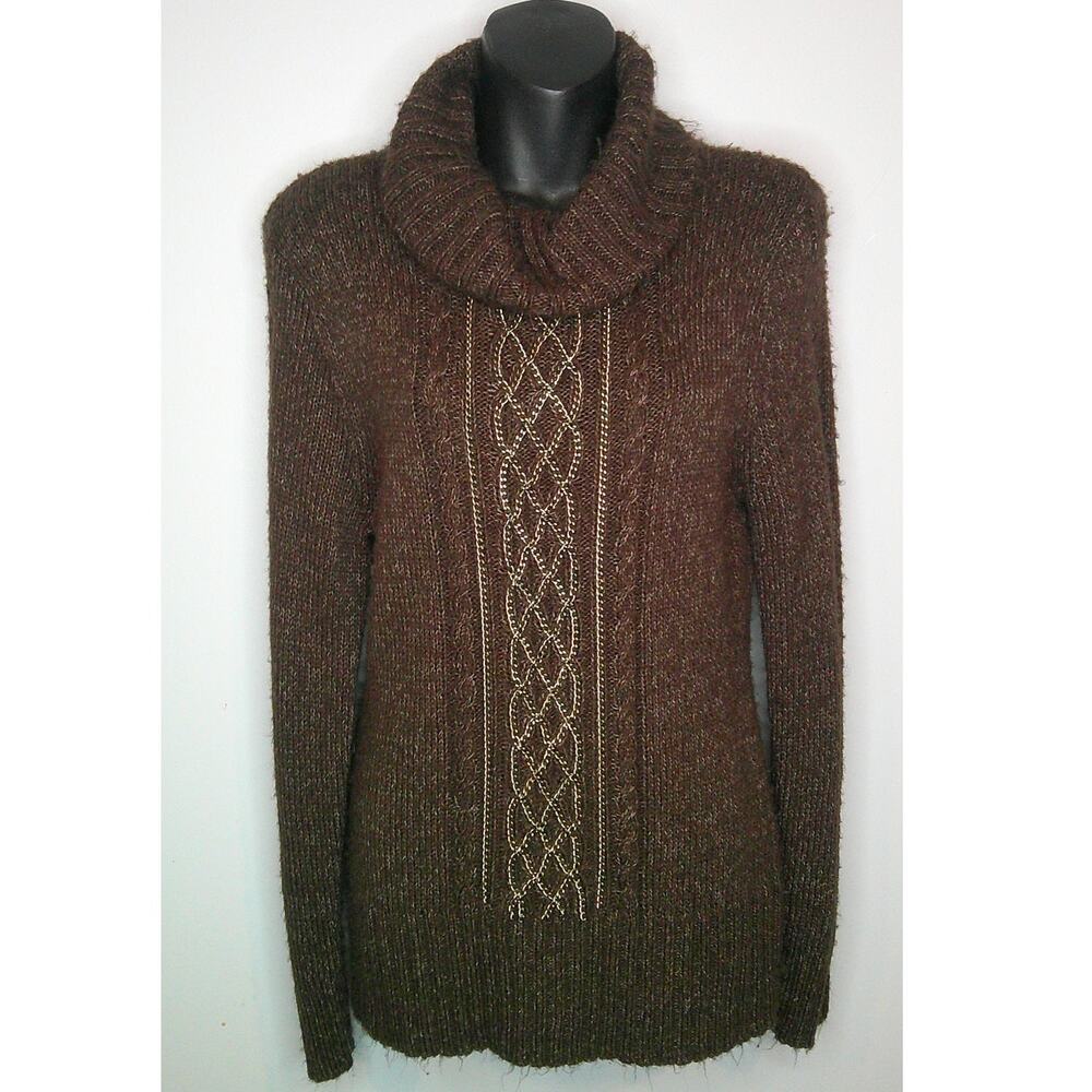 Tribal Women's Cowl Neck Brown Cable Knit Sweater with Gold Embellishments